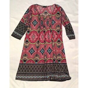 Ice Silk‎ Womens Fashion Geometric Print Shift Dress 3/4 Sleeve Multicolor 3XL